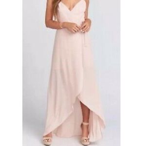 Show Me Your Mumu Liz wrap dress in soft beige maxi bridesmaid spaghetti strap